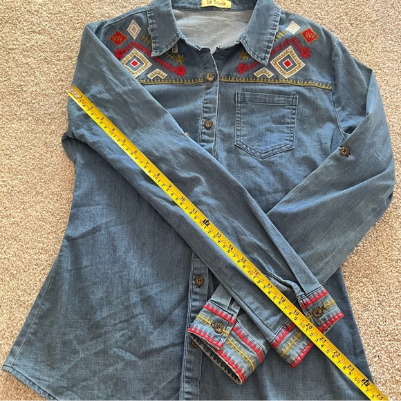 La Diosa Aztec Embroidered Denim Button-Up Long Sleeve Medium - Picture 11 of 11